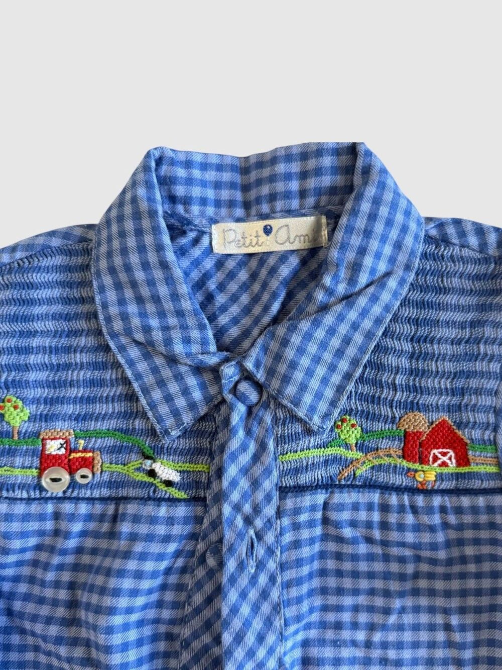 Petit Ami Boys Smocked Farm Shirt 3T Blue Gingham Embroidered Tractor Barn